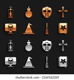 Set Witch hat, Tombstone with cross, Ancient magic book, Witches broom, Skull, Hockey mask, Camping lantern and Bomb ready explode icon. Vector