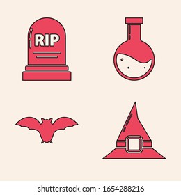 Set Witch hat , Tombstone with RIP, Bottle with potion  and Flying bat  icon. Vector
