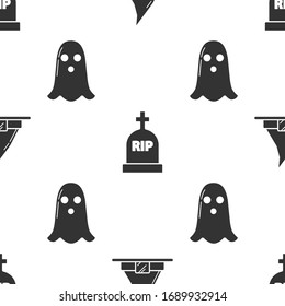 Set Witch hat , Tombstone with RIP and Ghost  on seamless pattern. Vector