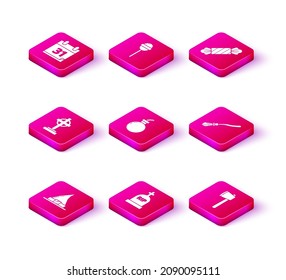 Set Witch hat, Tombstone with RIP, cross, Bomb ready explode, Wooden axe, Witches broom, Candy and Lollipop icon. Vector