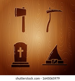 Set Witch hat , Wooden axe , Tombstone with cross  and Scythe  on wooden background. Vector