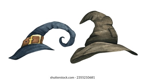 Set of Witch hats. Autumn holidays, Halloween concept. Watercolor illustration.