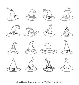 Set of witch hats in black and white style. Coloring book for children. Cartoon witch hats, Halloween party costume elements. Halloween witchcraft party collection