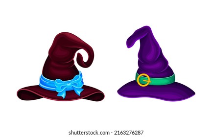 Set of witch hats. Carnival costume accessories cartoon vector illustration