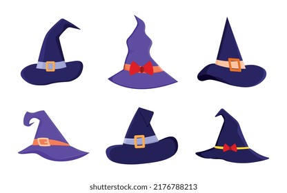 Set of Witch hats, different witch hats, Halloween decorative element, Festive costume for Halloween