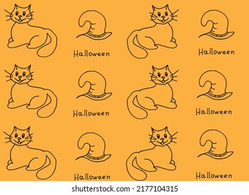 Set of witch hats and funny cats with inscription halloween. Halloween concept. Halloween background with witch hats and cats drawn with black marker on orange paper.