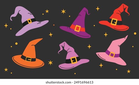 Set of witch hats, Halloween. Cute vector illustration in cartoon style.