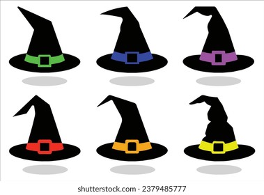 Set of witch hats for Halloween, easy editing and recolor, vector illustration isolated on white background 