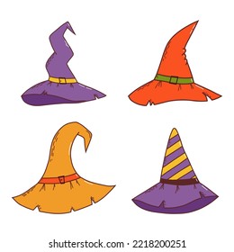 Set of witch hats. Halloween element. Trick or treat concept. Vector illustration in hand drawn style