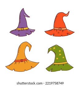 Set of witch hats. Halloween element. Trick or treat concept. Vector illustration in hand drawn style