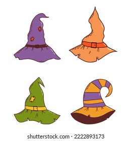 Set of witch hats. Halloween element. Trick or treat concept. Vector illustration in hand drawn style