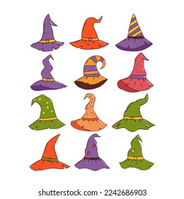 Set of witch hats. Halloween element. Trick or treat concept. Vector illustration in hand drawn style