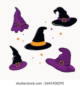 set of witch hats for halloween on white background
