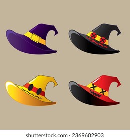 set witch hats, Halloween party costume elements.decorated hats vector symbols illustrations set. Halloween witchcraft party collection