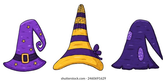 Set with witch hats for halloween party. Cector hand drawn illustration