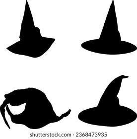 Set of witch hats. Witch hat silhouette. Halloween decoration. Autumn. Halloween style design. Icon set. Isolated on white background. Vector illustration.