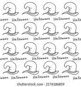 Set of witch hats with inscription halloween. Halloween concept. Halloween background with witch hats drawn with black marker on white paper.