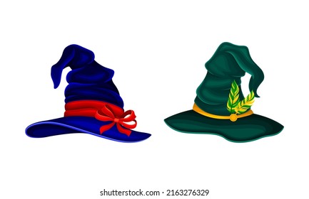 Set of witch hats. Magician, wizard, sorcerer or mage costume element cartoon vector illustration