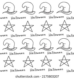 Set of witch hats, pentagram and inscription halloween. Halloween concept. Halloween background with witch hats and pentagrams drawn with black marker on white paper.