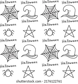 Juego de sombreros de bruja, pentagrama, araña, telaraña y halloween con inscripciones. Concepto de Halloween. El fondo de Halloween es impecable con sombreros de bruja, araña, telaraña y pentagramas. 