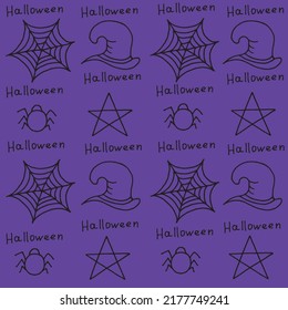 Set of witch hats, pentagram, spider, web and inscription halloween. Halloween concept. Halloween seamless background with witch hats, spider, spiderweb and pentagrams. 