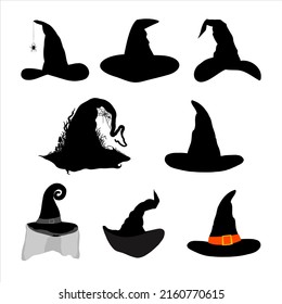 Set of witch hats silhouette. Vector illustration isolated on white background. Collection of halloween hat