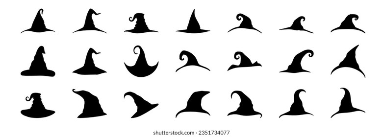 Set of witch hats silhouette. Wizard hat silhouette isolated on white background. Halloween Hat collection icon logo set. Vector illustration.