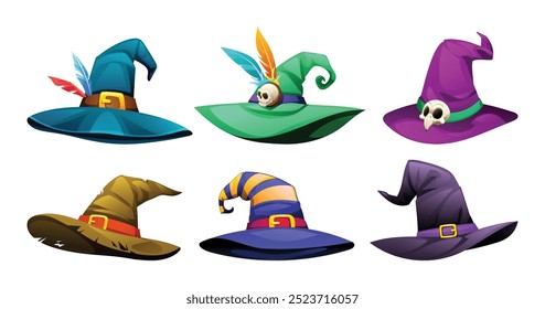 Set of witch hats in various colors and styles, with detailed designs. Vector cartoon illustration