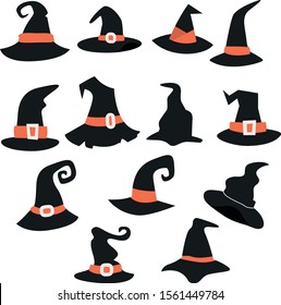 Set of Witch Hats White Background. Vector Collection Of Cartoon Witch Hats For Halloween.