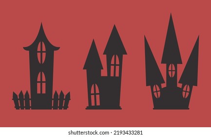 Set of witch huts. Scary buildings in black flat style.