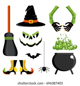 Set of witch icon. Festive Halloween decoration of advertising and congratulatory products. Flat vector cartoon illustration. Objects isolated on a white background.