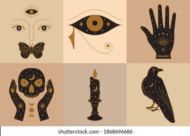 Set of Witch Icons Collection Featuring Horus Eye, Crow, Palm, Candle and Mystic Face Illustration.