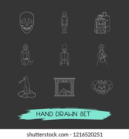 Set of witch icons line style symbols with fireplace, witch hat, queen guard and other icons for your web mobile app logo design.