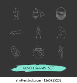 Set of witch icons line style symbols with candies basket, evil tree, dead man hand icons for your web mobile app logo design.