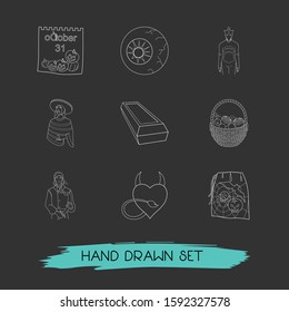 Set of witch icons line style symbols with candies basket, coffin, pirate icons for your web mobile app logo design.