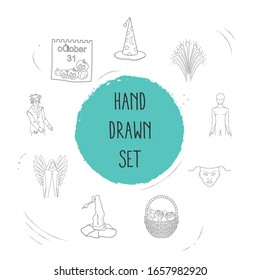 Set of witch icons line style symbols with alien, witch hat, fireworks and other icons for your web mobile app logo design.