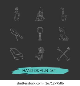 Set of witch icons line style symbols with crossed bones, cat, stemware and other icons for your web mobile app logo design.