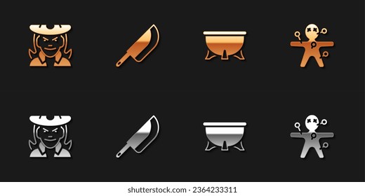 Set Witch, Knife, Halloween witch cauldron and Voodoo doll icon. Vector