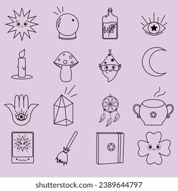Conjunto de brujas y colección mágica. Mística y fantasía en la ilustración de vector monolínea