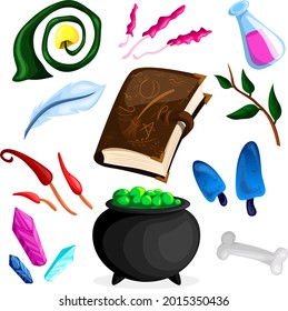 Set of witch magical elements. Cartoon style Halloween witchcraft. Spell book with mushroom, cristal, elixir.