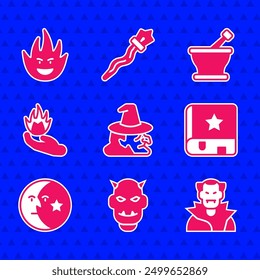 Set Witch, Mask of the devil with horns, Vampire, Ancient magic book, Moon and stars, Hand holding fire, Mortar pestle and Fire flame icon. Vector