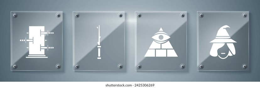 Set Witch, Masons, Magic wand and Trunk for magic tricks. Square glass panels. Vector