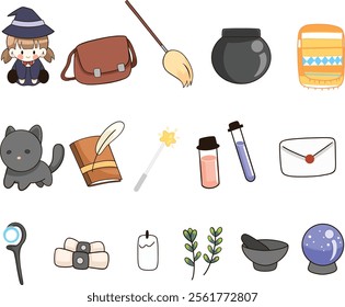 Set of witch objects and accessories for Halloween