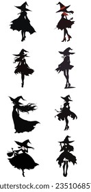 Set witch on silhouette on a white background isolated