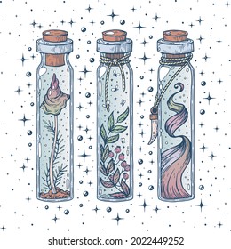 A set of witch potions. Artistic illustration, handmade, made with pen and ink.