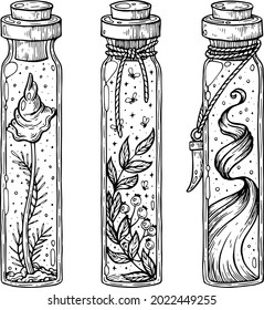A set witch potions  Artistic illustration  handmade  made and pen   ink 