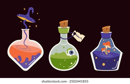 Un conjunto de pociones de bruja para Halloween. Botellas de vidrio de colores con hongos mágicos, un ojo, estrellas, burbujas. Ilustración vectorial de dibujos animados.