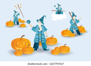 Set of Witch and Pumpkin cartoon in halloween vector illustrator