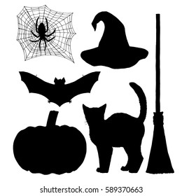 Set for witch. Silhouettes for halloween. Cat broom hat pumpkin bat spider with web. Hand drawn image. Black white icon. Vector illustration. Logo desing.