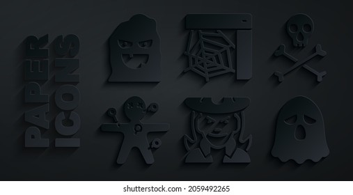 Set Witch, Skull on crossbones, Voodoo doll, Ghost, Spider web and Funny and scary ghost mask icon. Vector